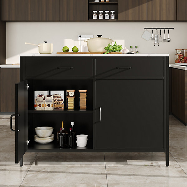 Îlot de Cuisine Effet Marbre avec Pieds Réglables - Table de Bar en MDF et Métal - 100x90x90 cm - Noir