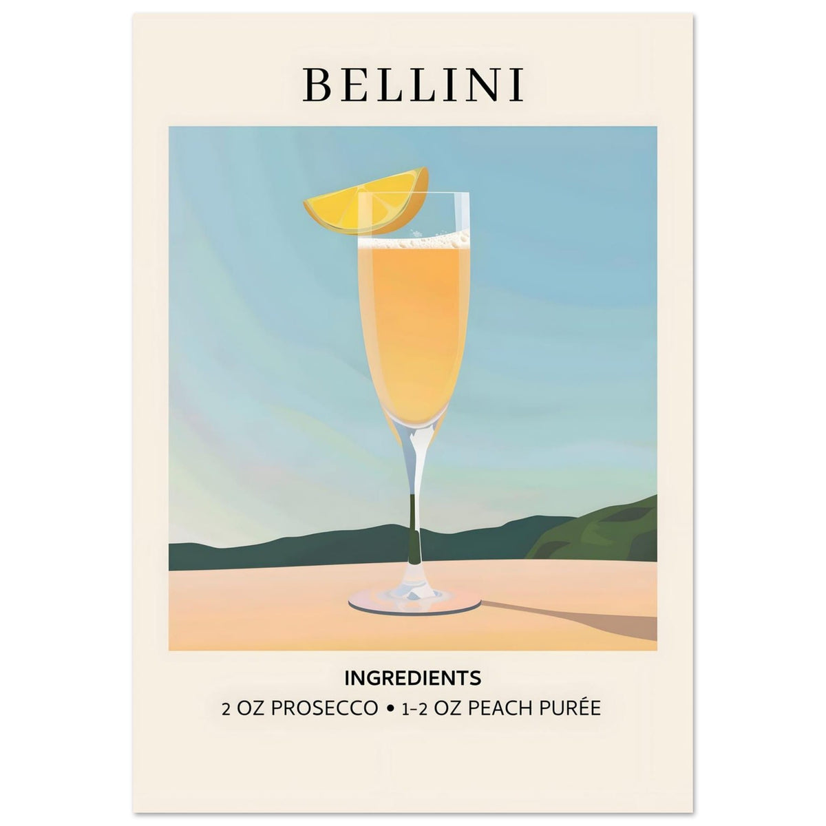 Artfulprints Poster Bellini cocktail - Ingrediënten  - 70x100 cm - Geel