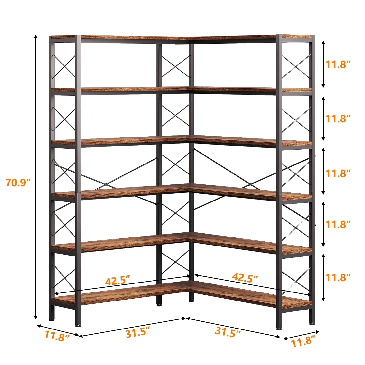 Large Size 5/6-Shelf Corner Bookshelf, Vintage Industrial Corner Bookshelf Etagere Bookcase