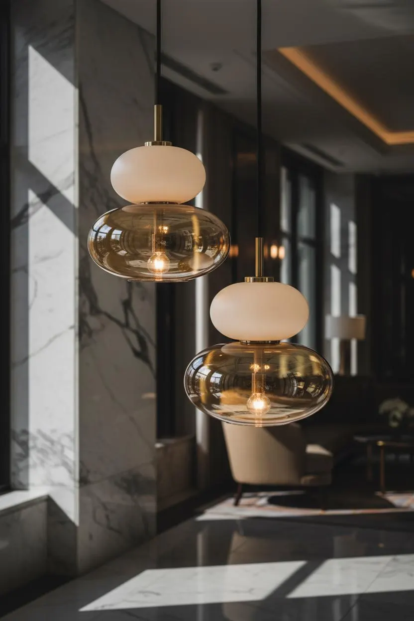 Handmade Double Glass Pendant Light, Frosted White & Amber Glass Hanging Lamp, Modern Brass Ceiling Light, Bedside Kitchen Island Lighting