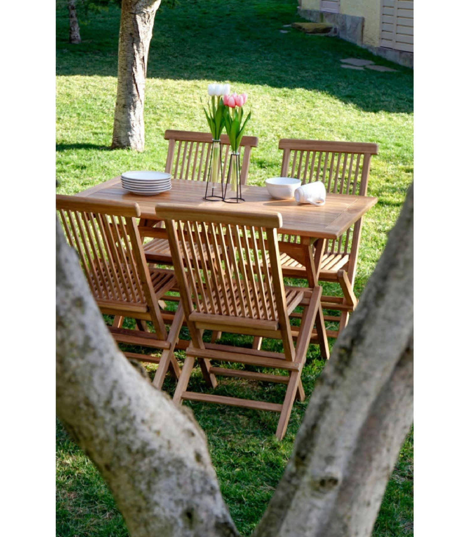 TECK - Salon de jardin 1 table rectangulaire + 4 chaises teck pliables