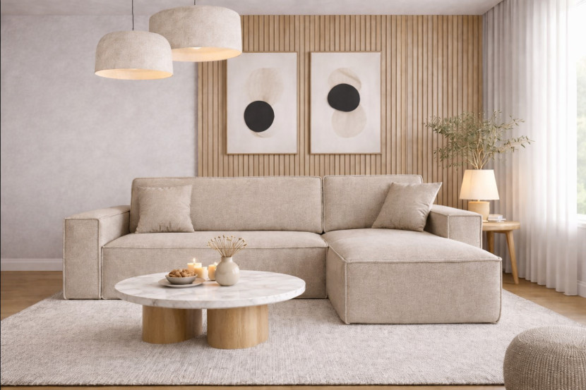 Sofa w kształcie L BEST narożnik tkanina Neve, Beżowy Prawostronny