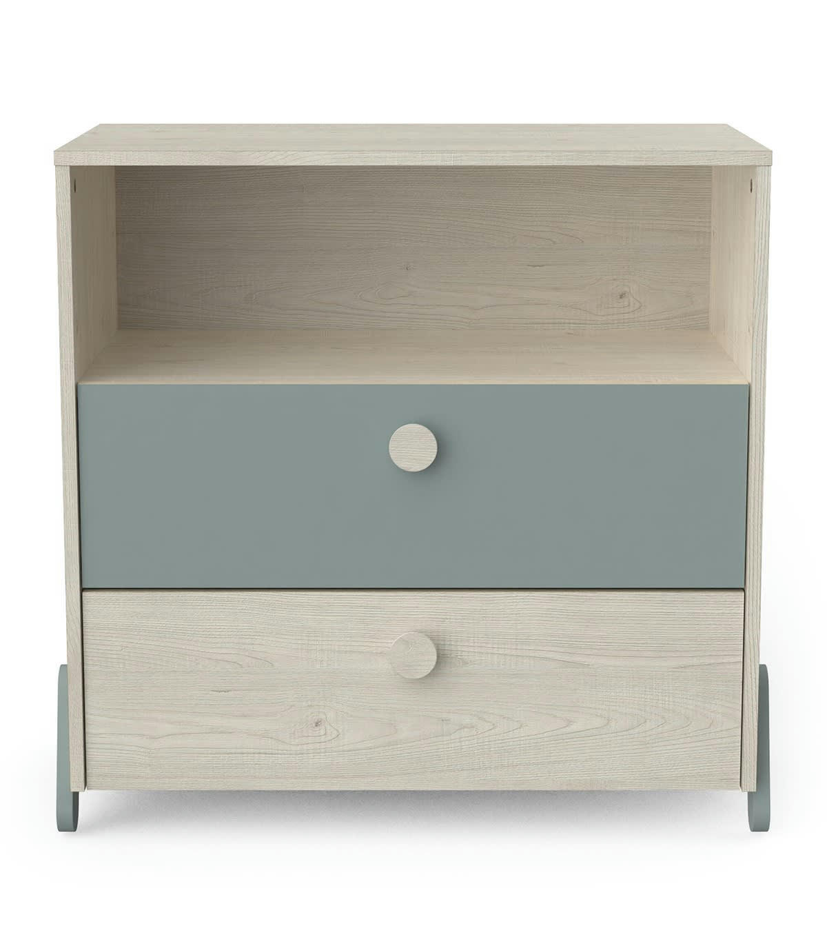 ILIAN - Commode Enfant 2 Tiroirs 1 Niche - Vert de Gris et Bois Clair