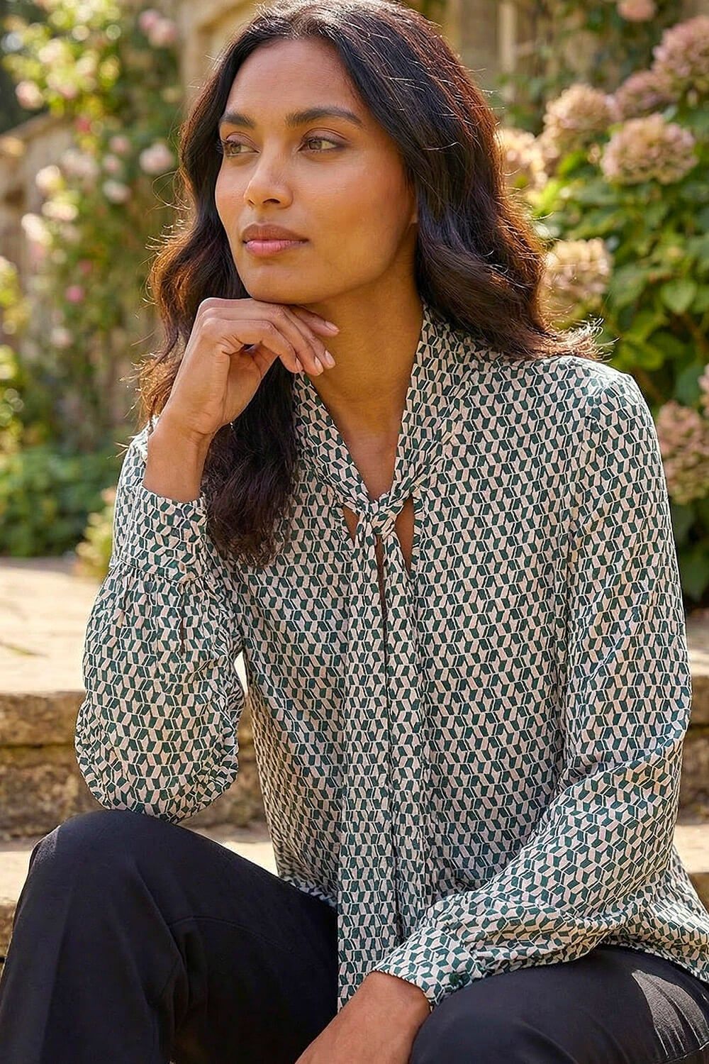 Roman Geo Print Tie Front Tunic Top