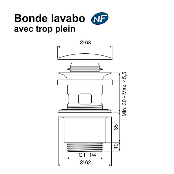 Bonde de lavabo ø 63 mm Rousseau avec clapet clic clac ou fixe effet canon de fusil
