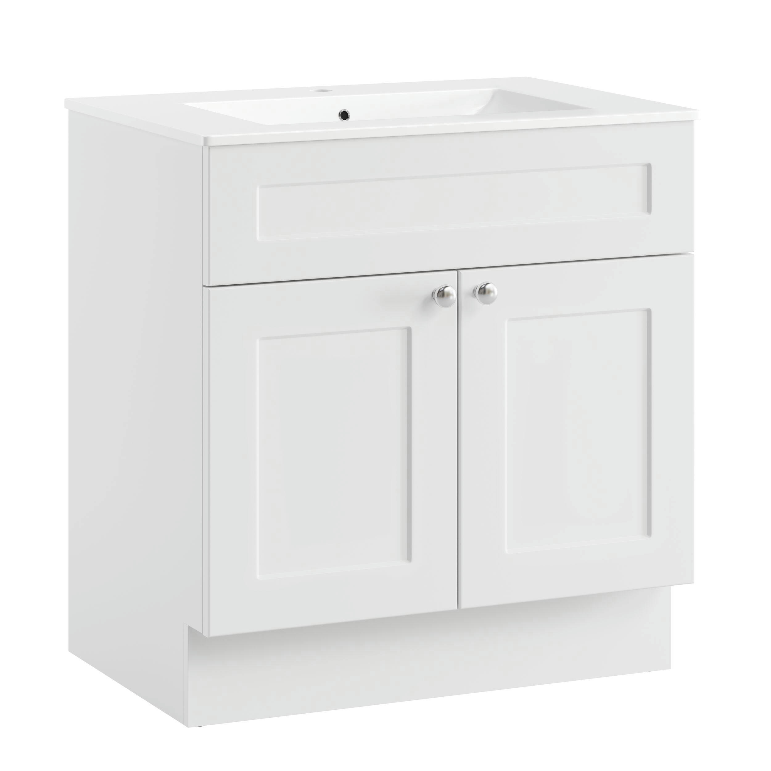 CANVAS Milford Double Door Single Sink Marble Top Bathroom Vanity, White, 30-in