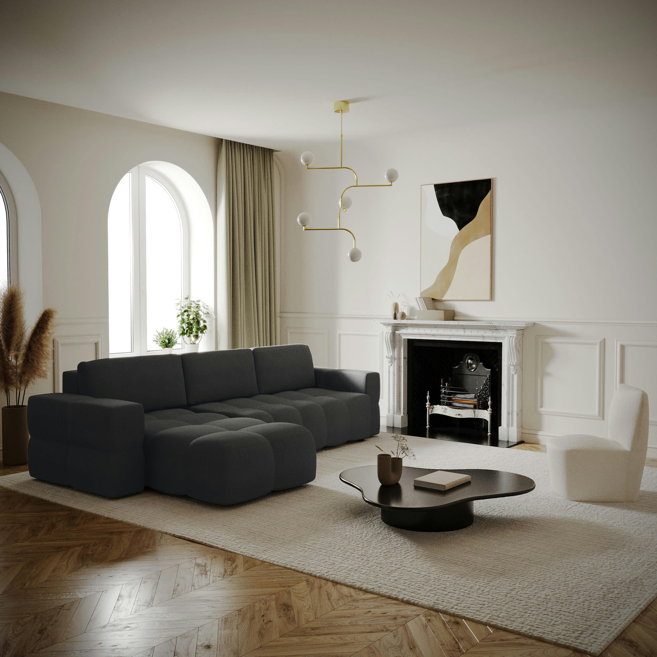 GABRIEL - Canapé d'angle gauche convertible coffre tissu tramé gris 260x180cm