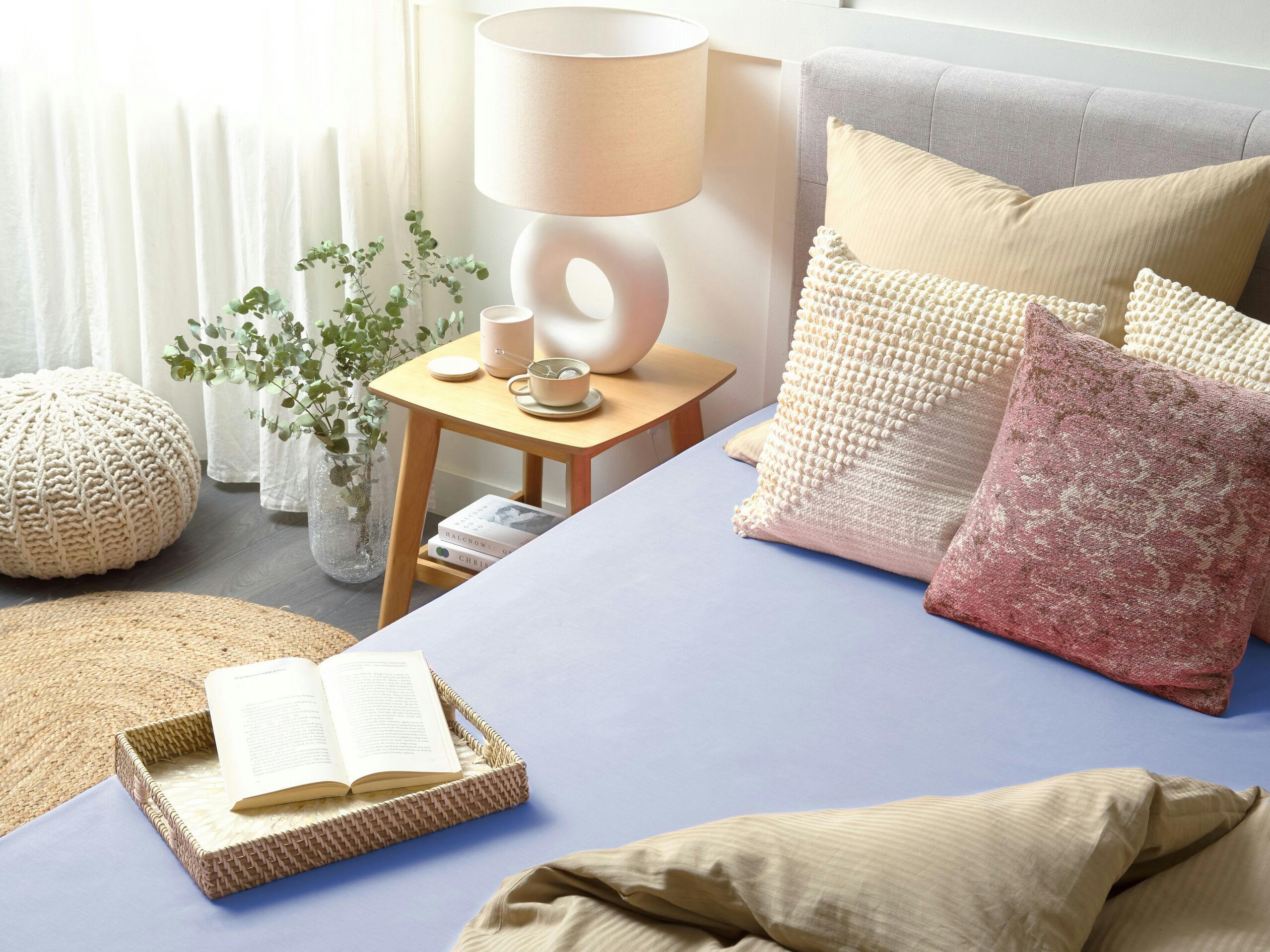 JANBU - Drap-housse en coton 200 x 200 cm bleu clair