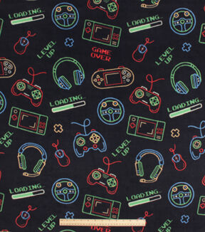 Neon Gaming Accessories on Black Anti Pill Fleece Fabric