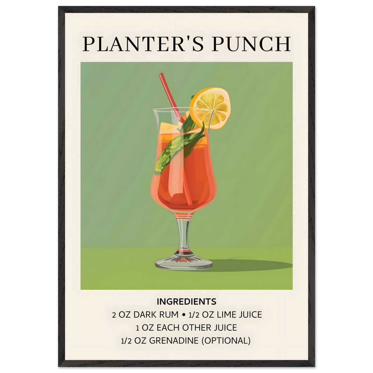Artfulprints Poster met Lijst Planter's Punch cocktail - Ingrediënten  - 70x100 cm - Groen