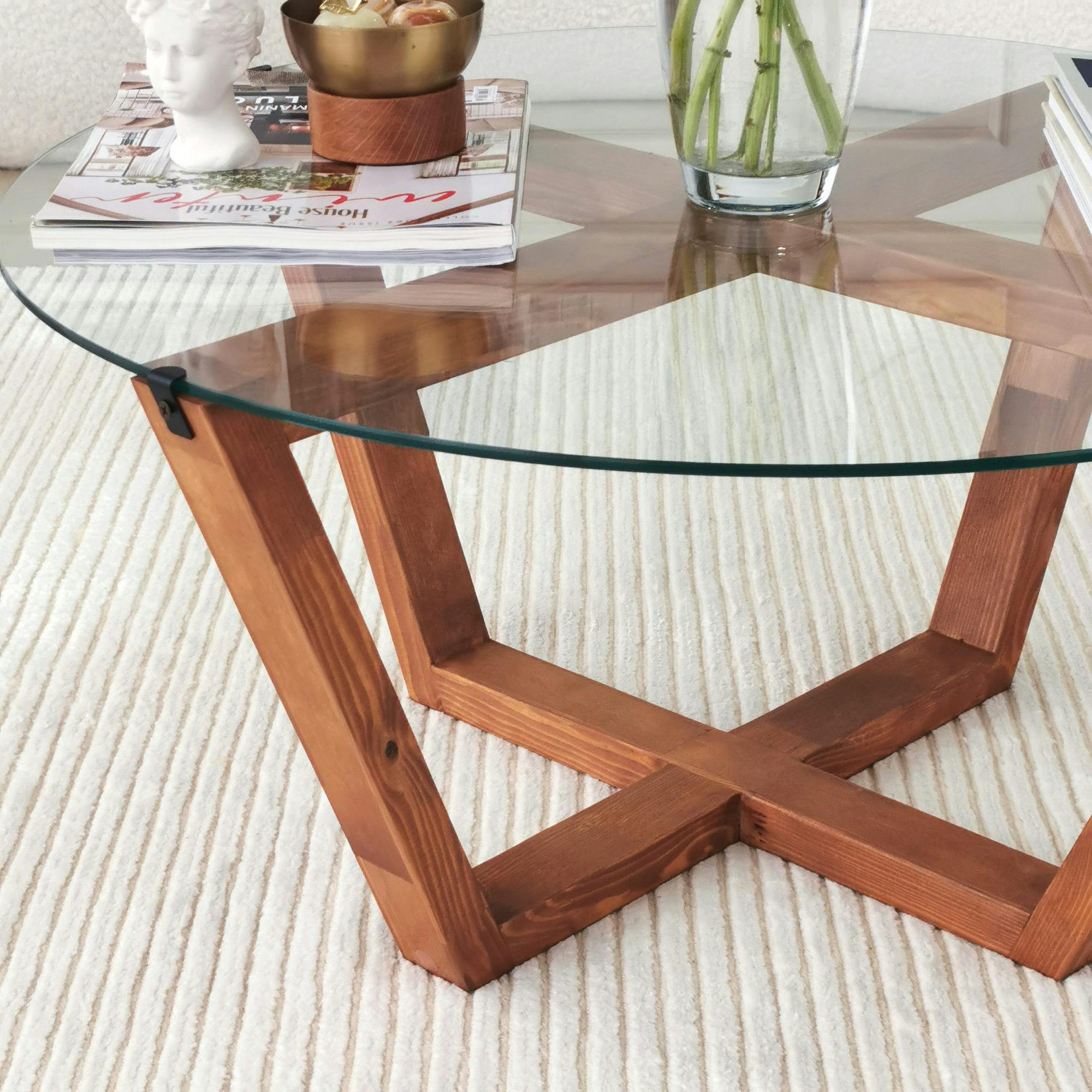 Table basse ronde verre et bois brun - pieds croisés ANZIO
