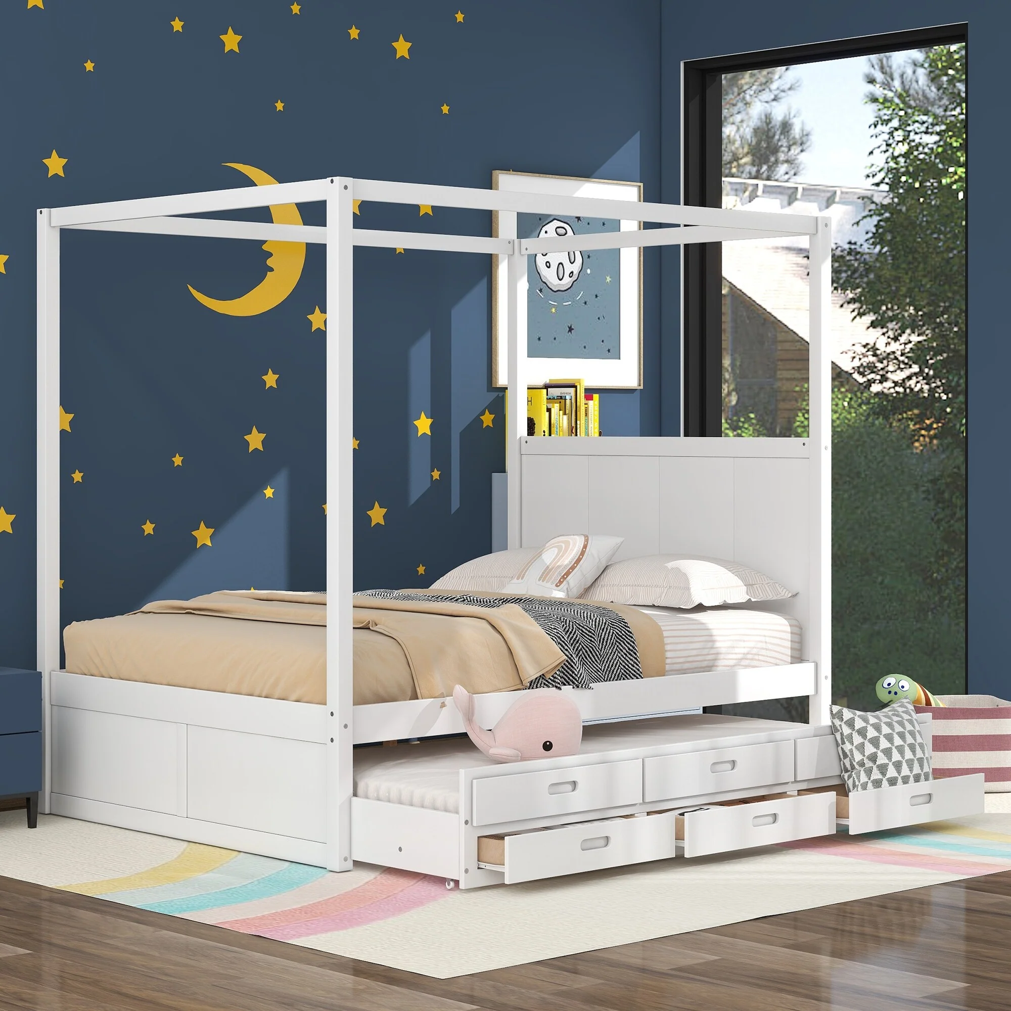 Queen Canopy Platform Bed with Trundle and Storage Drawers, White