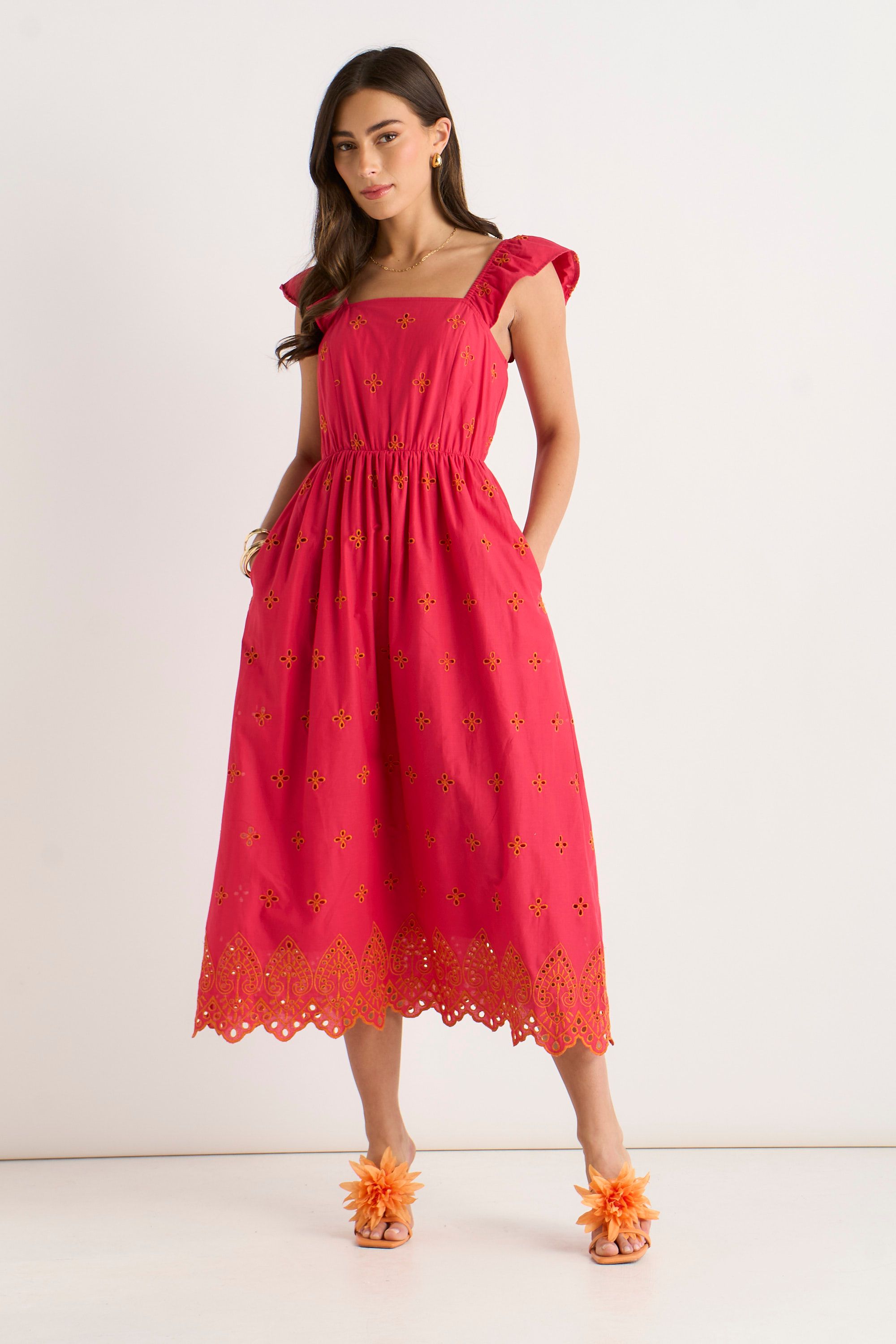 Gini London Pink Ruffle Sleeves Broderie Sun Dress