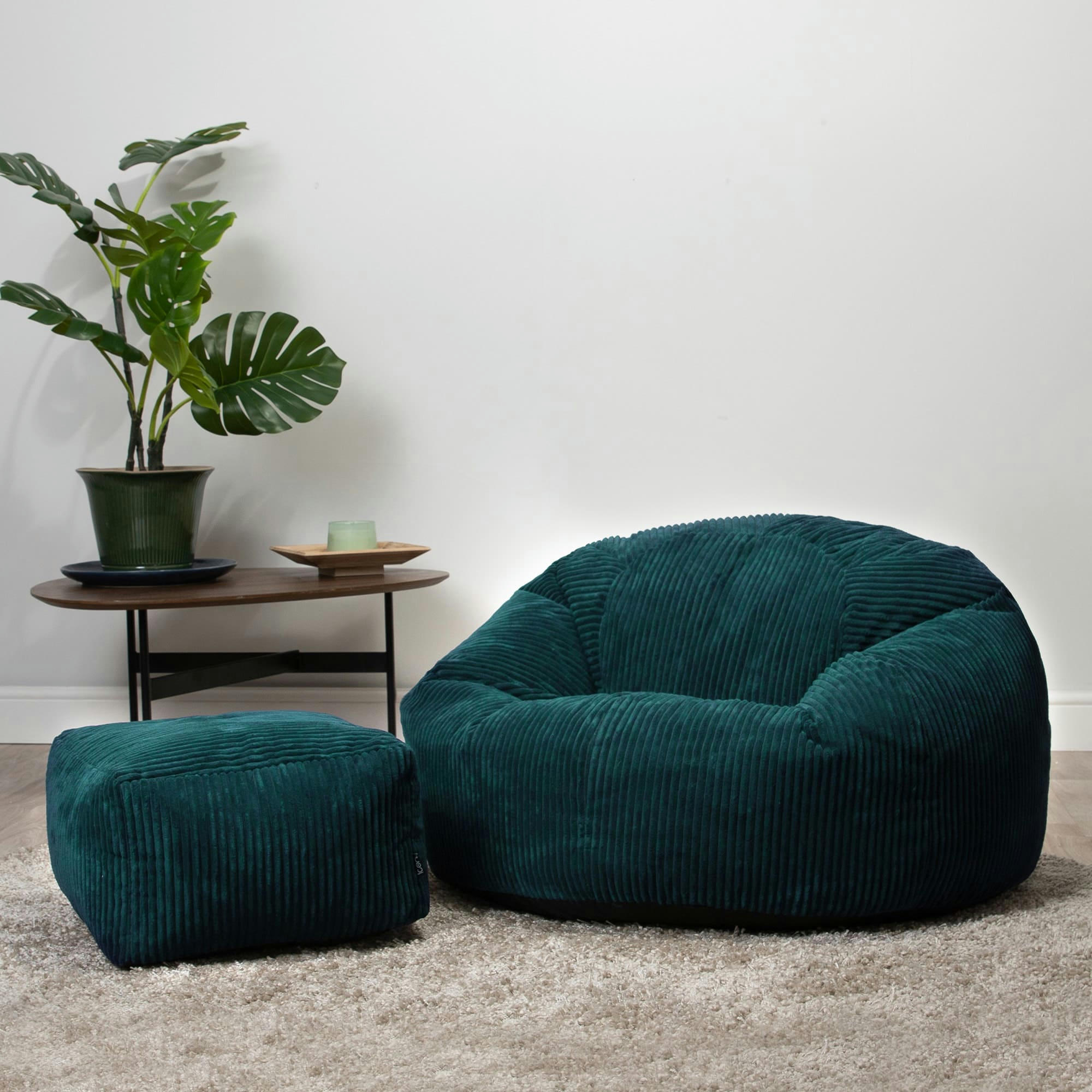 KINGSTON - Pouf avec repose-pied velours côtelé bleu canard