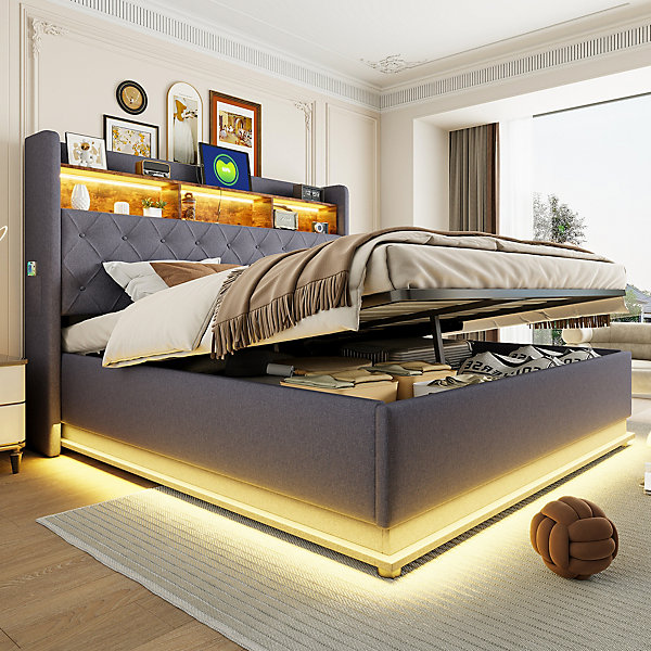 Lit Coffre 180x200 cm Double avec LED et Port USB, Rangement Hydraulique Intégré, Tissu Lin Gris - Sans Matelas