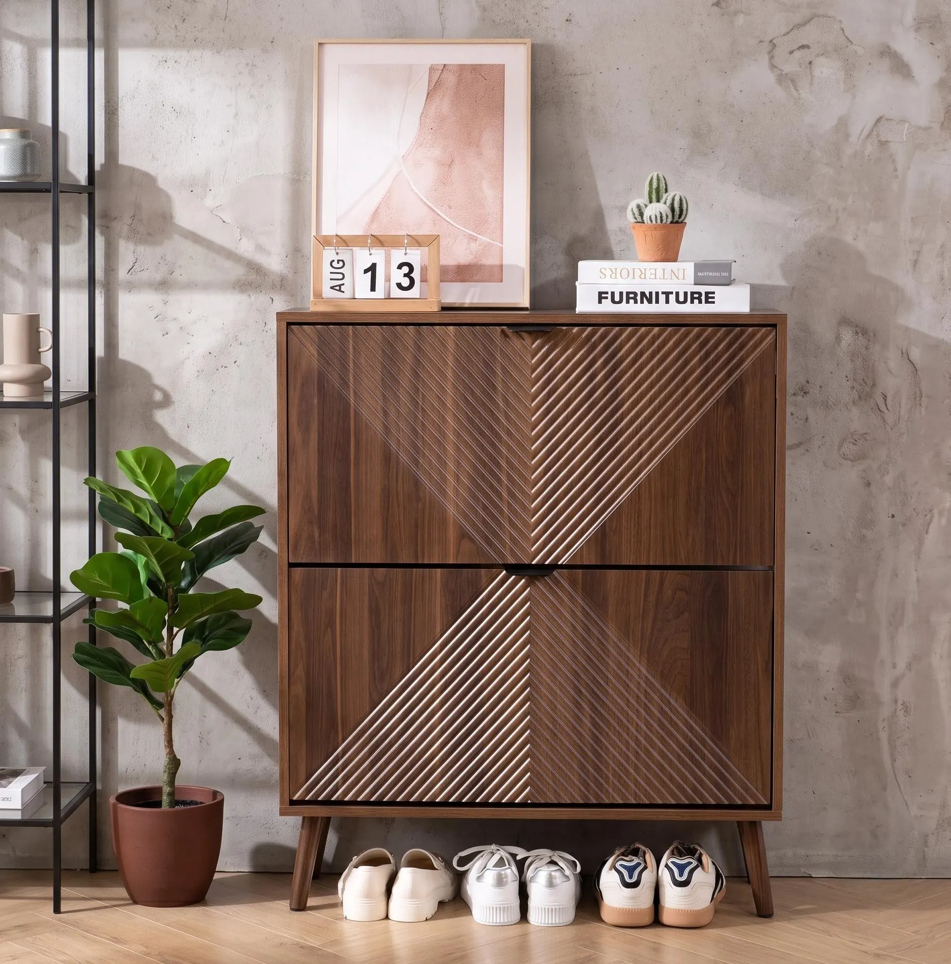 Modern Shoe Storage Cabinet – 2 Flip Drawer Shoe Organizer with Solid Wooden Feet