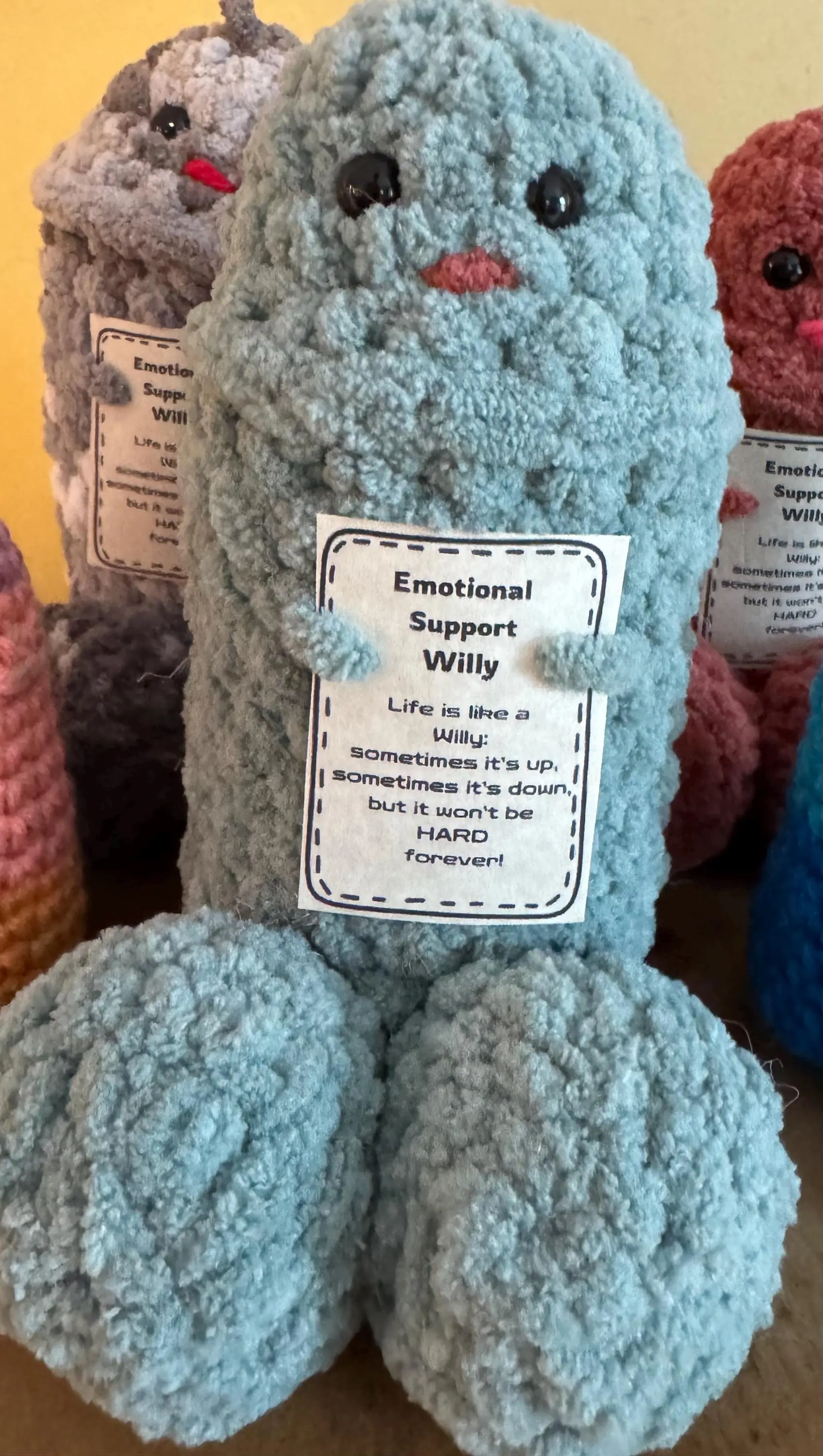 Crocheted Emotional Support Willy: funny crochet, gag gift, uplifting message