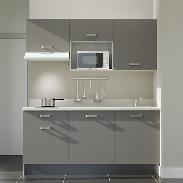 Kitchenette K30 - 180 cm - façades Gris - Plan monobloc en quartz coloris Snova évier à droite - Electroménager Blanc