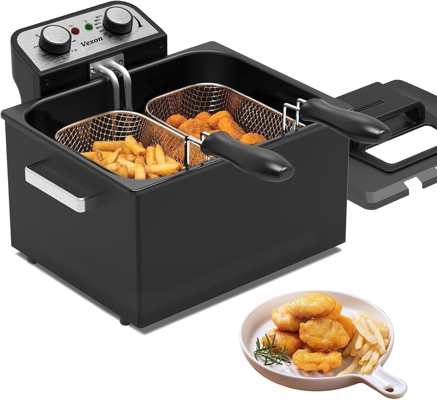 1800W 5 Liters/21 Cups Large Electric Deep Fryer with 3 Frying Baskets, Adjustable Temperature,View Window Lid,Countertop Stainless Steel Body Deep Fryer Pot,Perfect for Kitchen, Fry Fish for Home Use