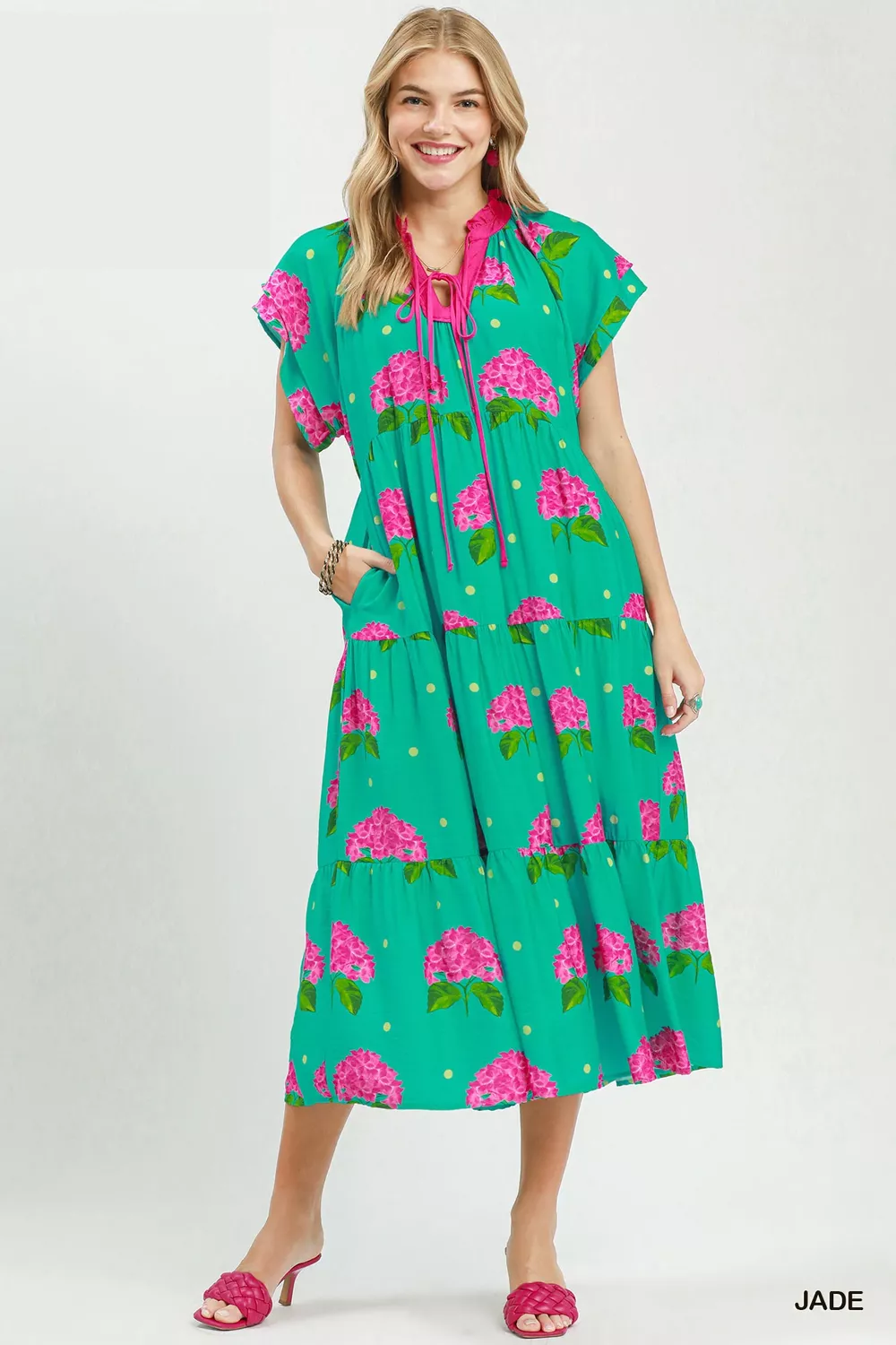 Hydrangea Print Tiered Midi Dress