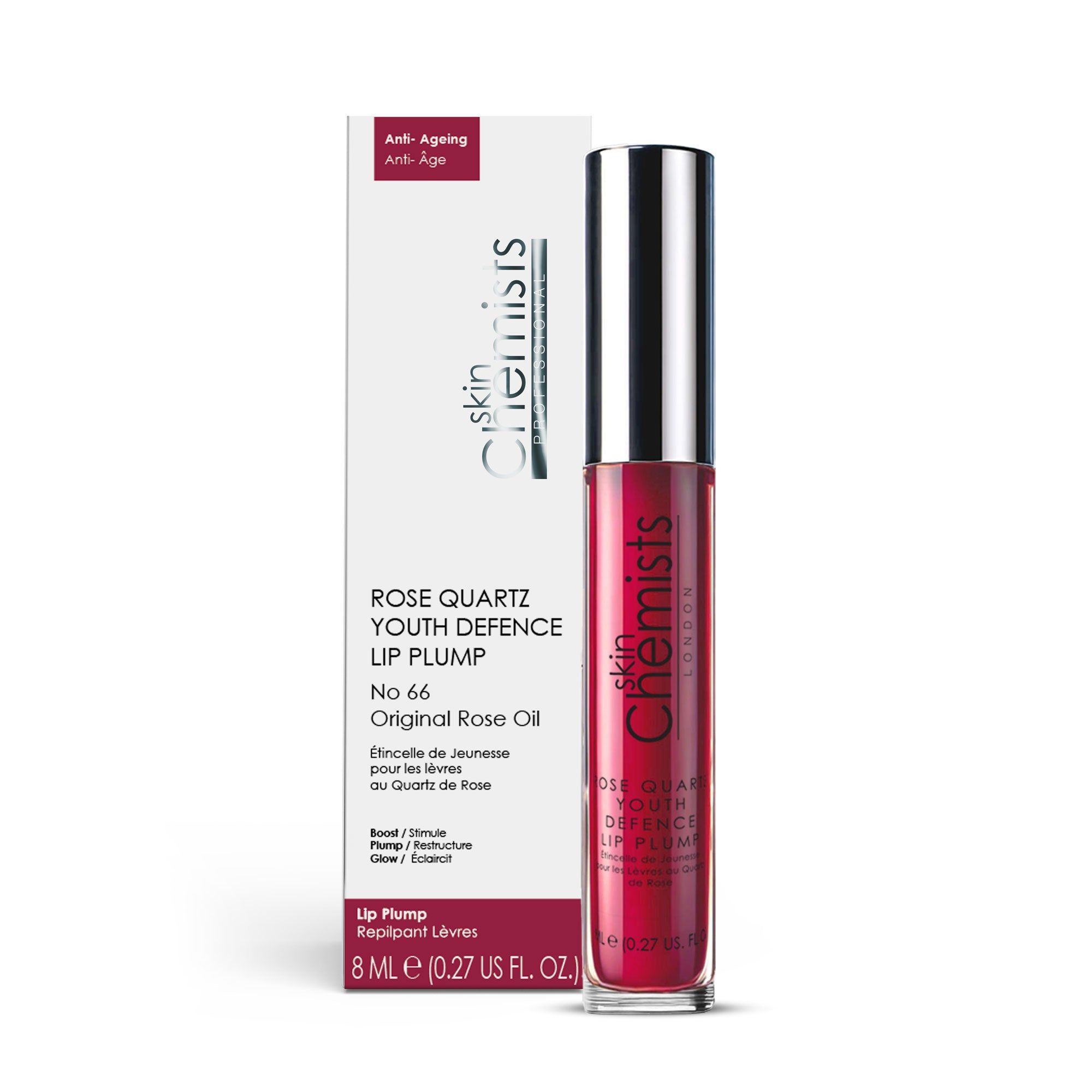 skinChemists professional Rose Quartz Anti-Ageing Youth Defence Lip Plump No 66 Original Rose Oil 8ml for Soothing and Brightening