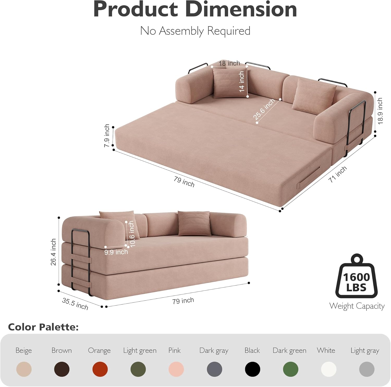 79in Convertible Sofa Bed, Corduroy Boneless Couch Bed, Futon Sleeper Sofa Pull Out Bed, Foldable Couch for Living Room Apartment, No Assembly Required