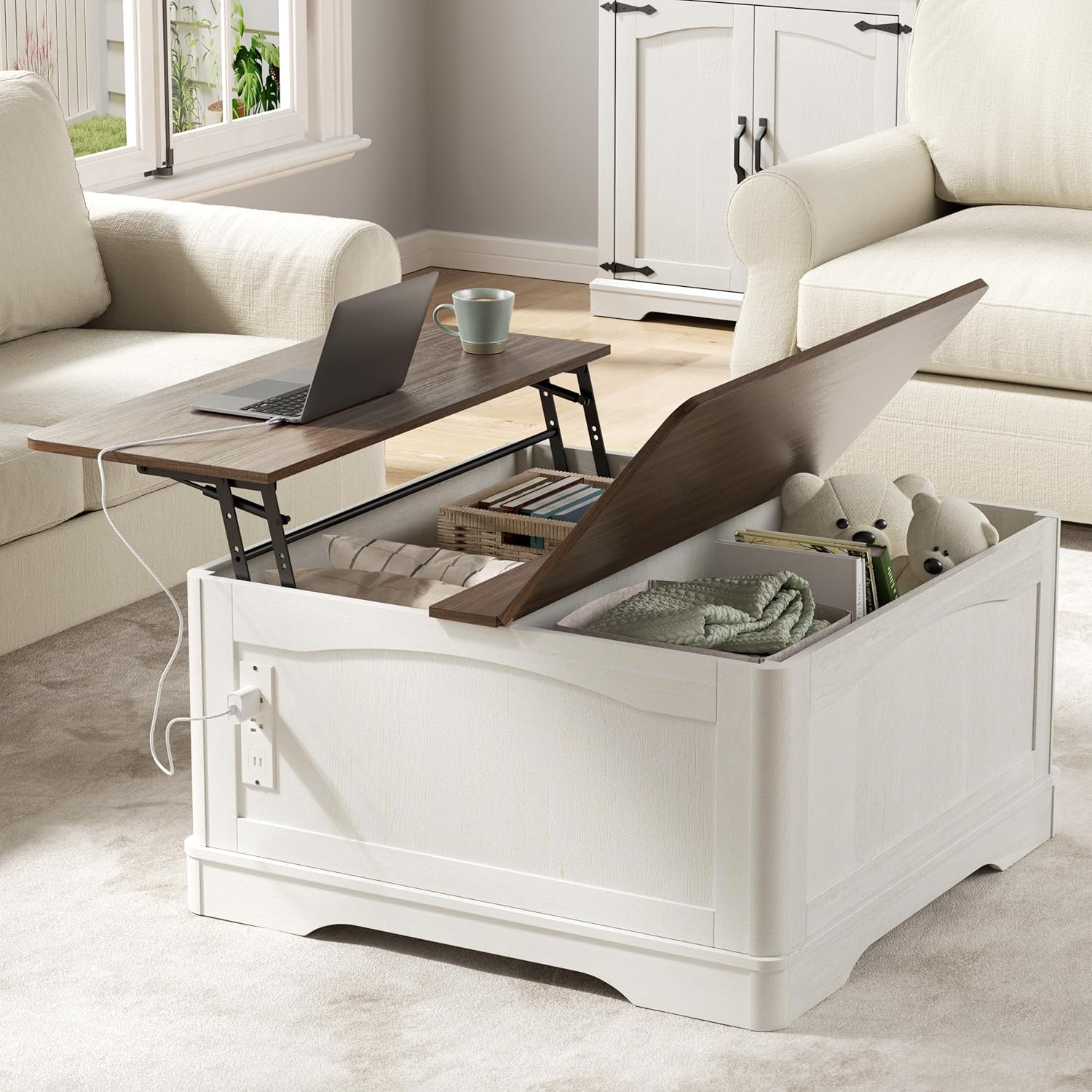 35 Farmhouse Lift Top Coffee Table, Wood Square Center Table with Charging Station, Rounded Edge Table with Hidden Storage, for Living Room, Bedroom, Office, AC, USB Output, White Walnut