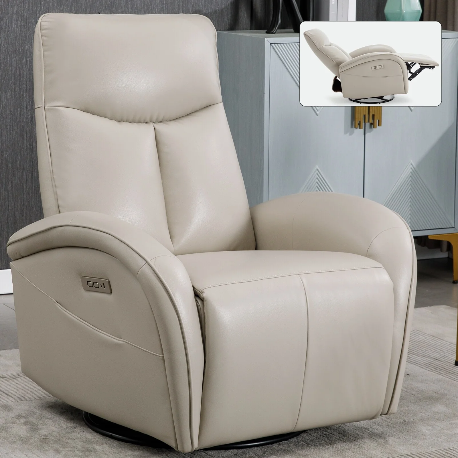 Blue Genuine Leather Power Recliner with 270° Swivel, Rocking Motion, Lumbar Support, and USB & Type-C Charging