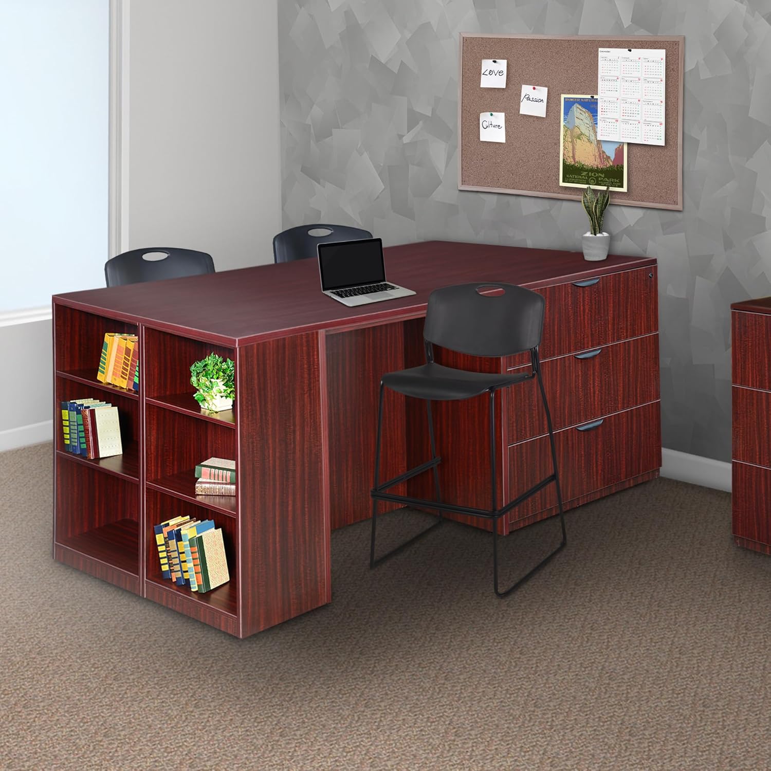 Regency Legacy Stand Up Lateral File/ 3 Desk Quad with Bookcase End- Mahogany