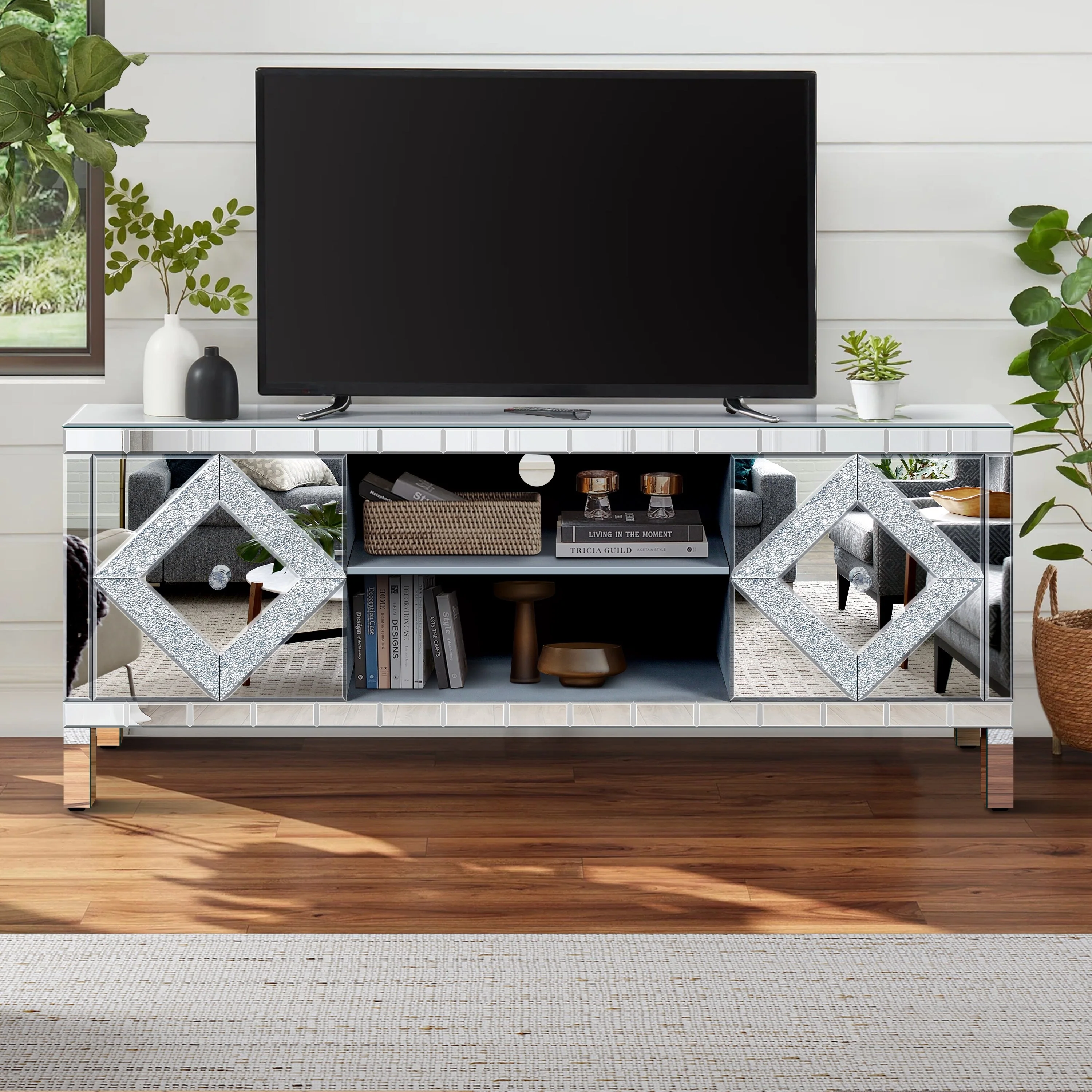 Mirrored TV Console with Diamond Accents - Modern Media Stand Featuring Open Shelving