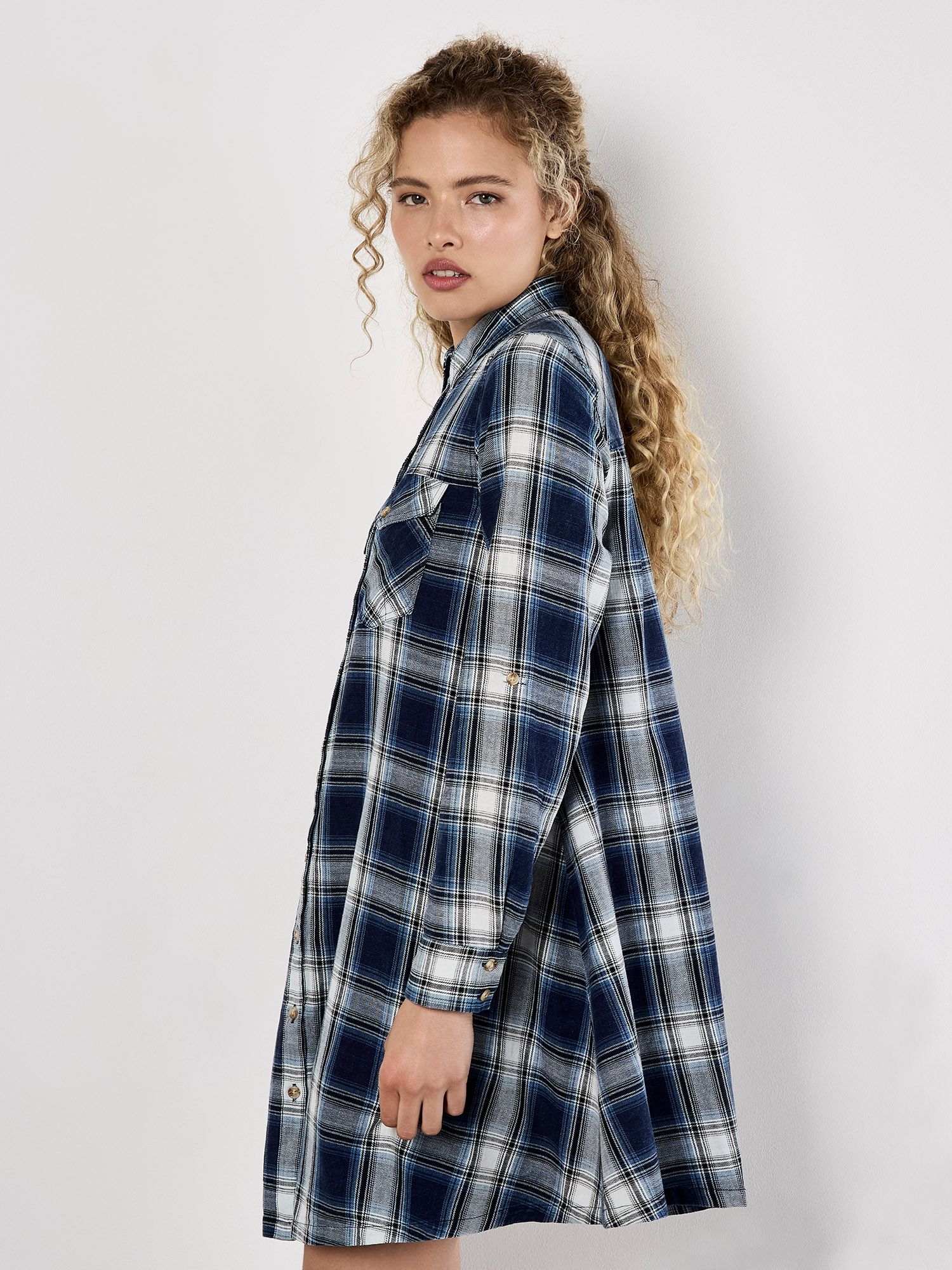 Apricot Washed Check Western Shirt Mini Dress