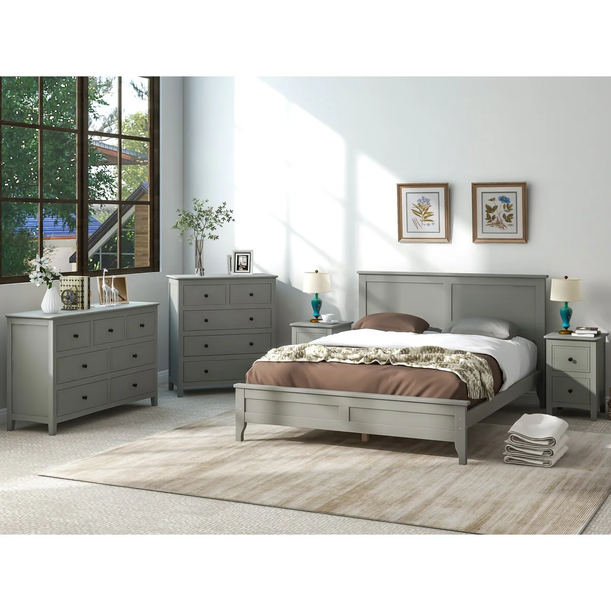 Solid Wood 5 Pieces Bedroom Sets(bed+nightstand*2+chest+dresser）