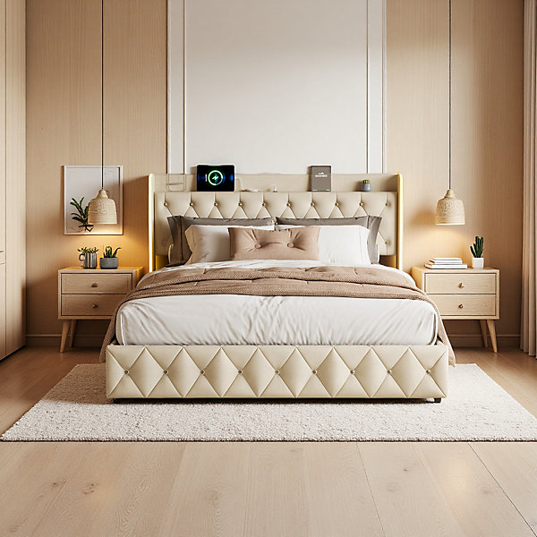 Lit coffre en velours beige 140x200 cm avec tête de lit rembourrée, LED, USB, pression d'air et protection contre les chocs
