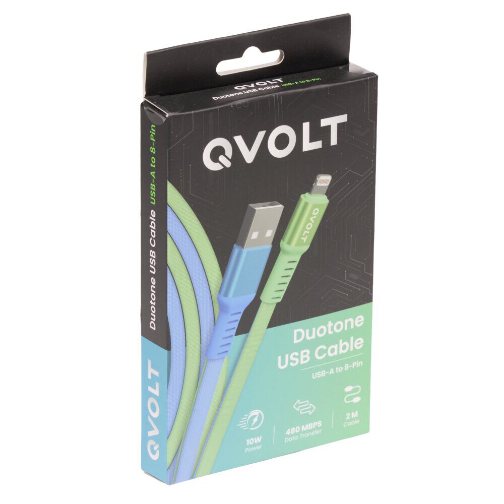 Câble USB-A vers Lightning charge rapide bicolore vert et bleu 2m