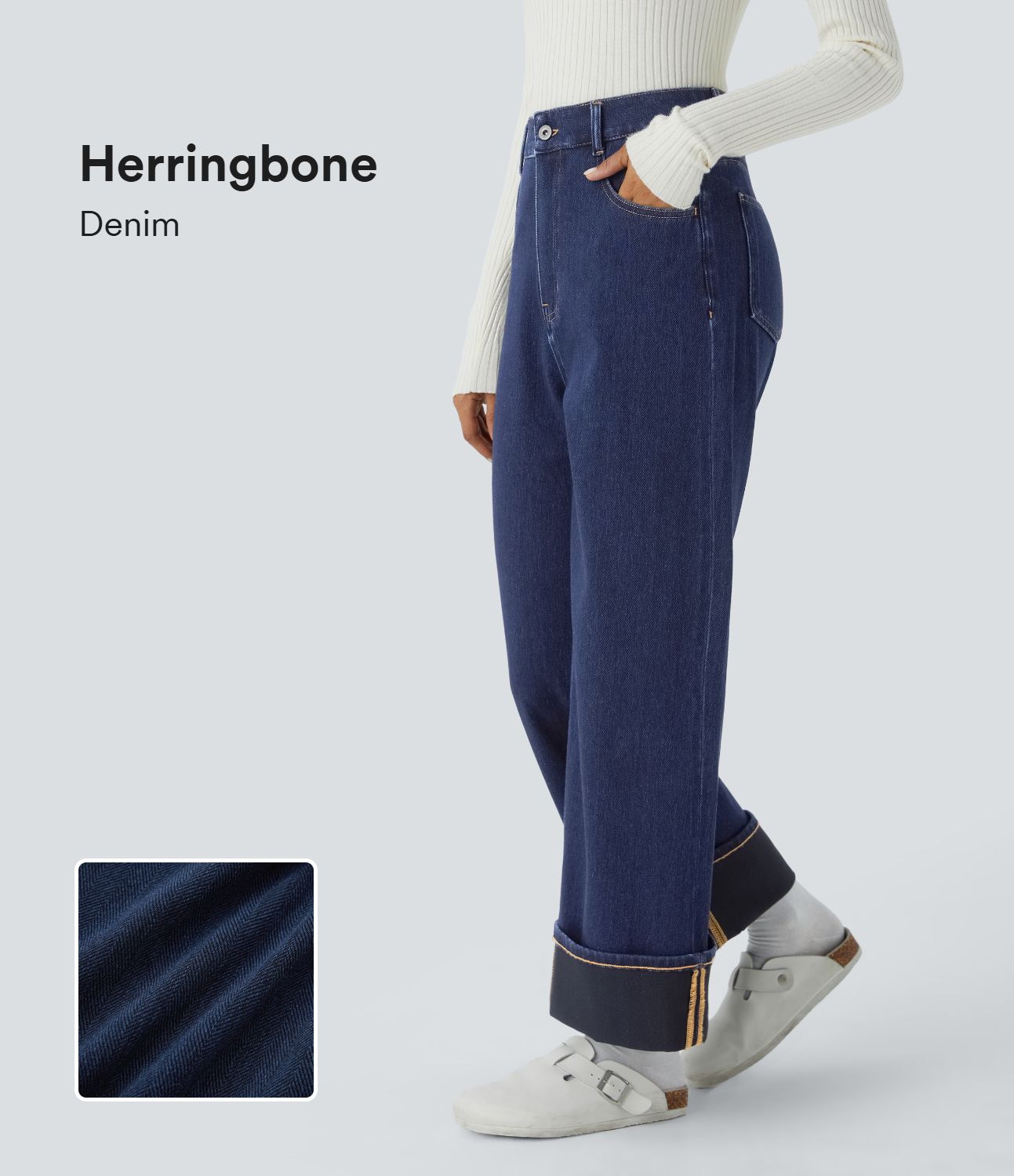 Jean décontracté Halara Flex™ effet chevron taille haute, jambes larges, ourlet roulotté et poches multiples
