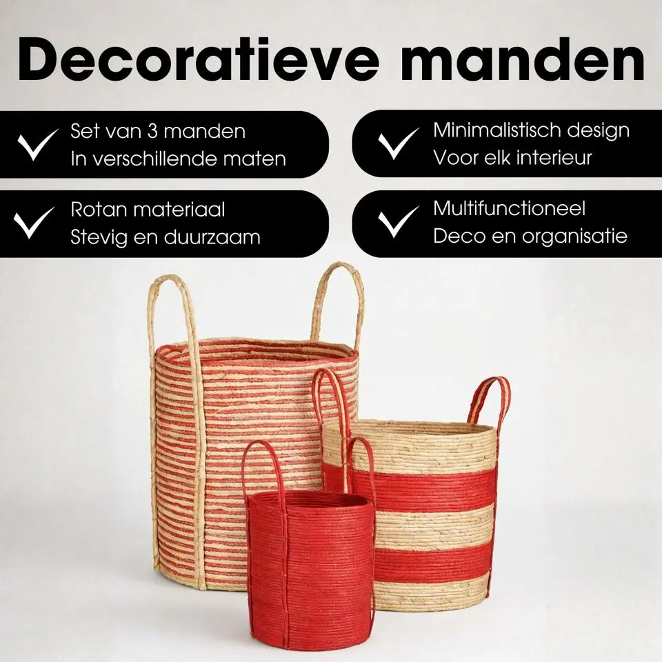 Mica Decorations Brooklyn Gevlochten Mand Set van 3 Rood