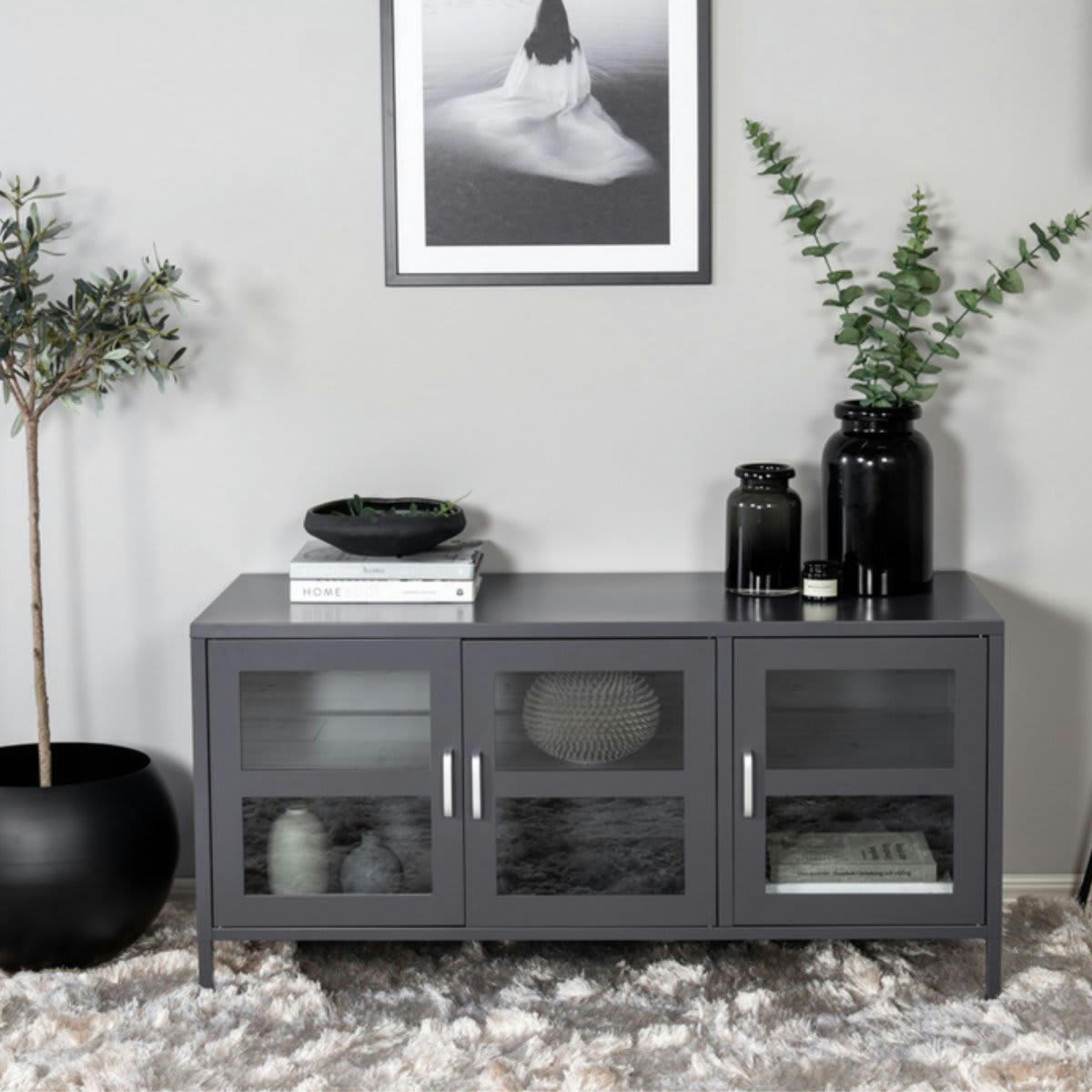 NATHAN - Meuble TV industriel en métal avec 3 portes vitrées gris