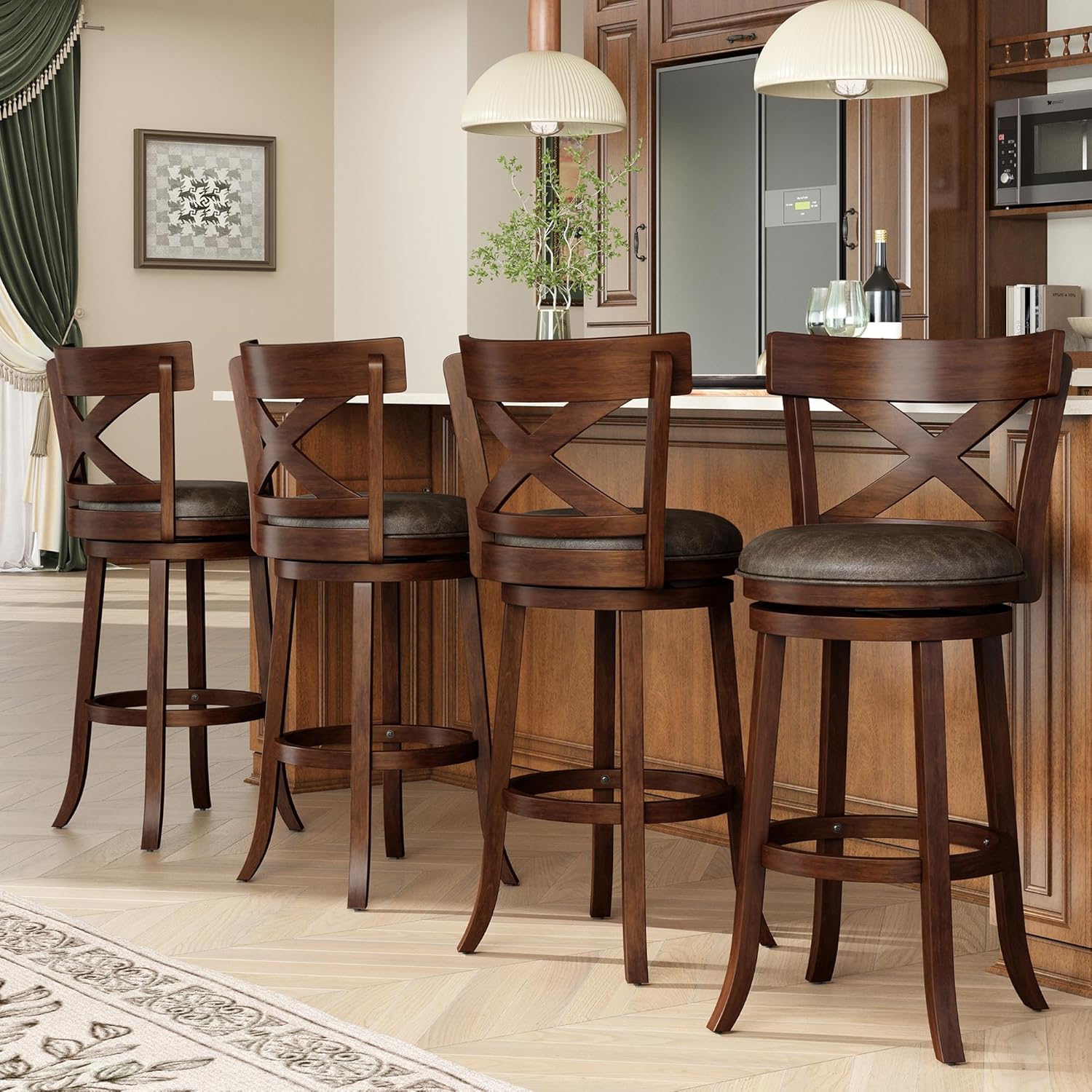 MAISON ARTS Swivel Bar Stools Set of 4, 30 Inch Bar Height Barstools with Backs, PU Leather Upholstered Seat Wood Bar Chairs with Wrap-Around Footrest for Kitchen Island, Pub, Walnut