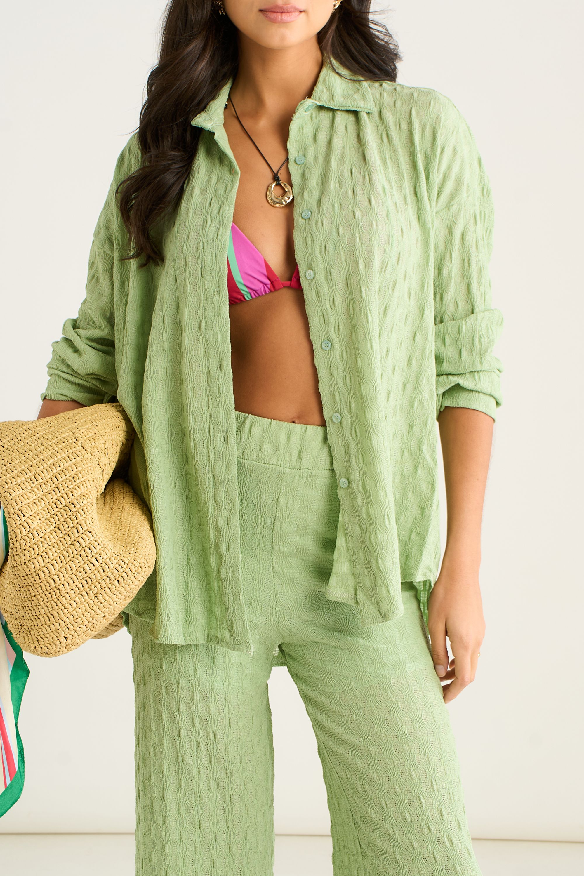 Gini London Sage Green Textured Oversized Long Sleeves Shirt