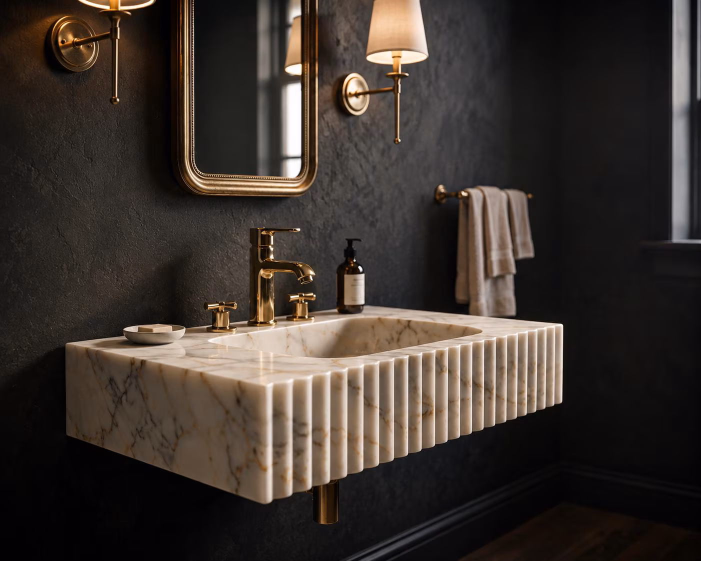 Wall Mounted Calacatta Gold Marble Sink – Fluted Floating Vanity – Custom Luxury Bathroom Basin