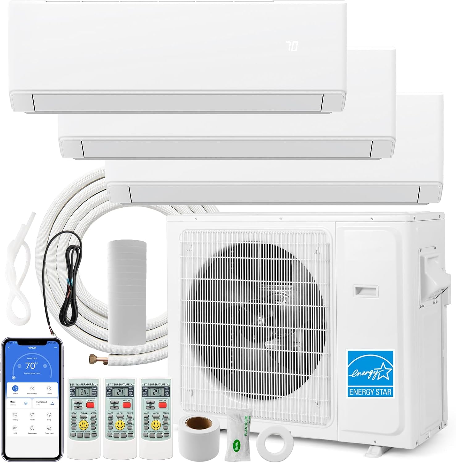 SIMOE 36000 BTU Tri 3 Zone Multi Zones Mini Split AC Heat Pump Full Set, Mini Split Air Conditioner, Wifi-Enabled 23 SEER2, 9k+9k+12k BTU, 208-230V, Ductless Energy Star, Installation Kit