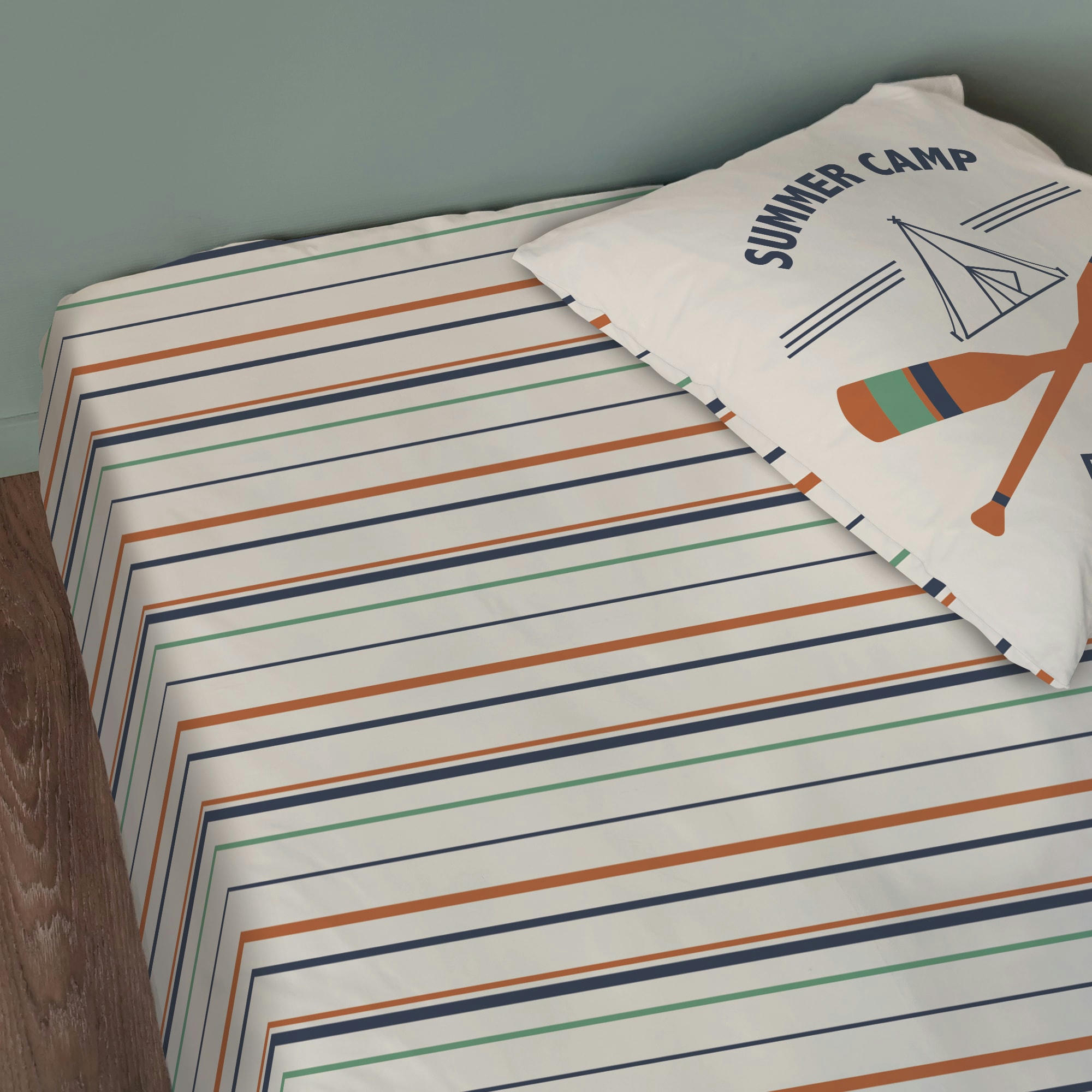 SUMMER CAMP - Drap-housse imprimé en coton Beige 90x190/200cm - Bonnet 30cm