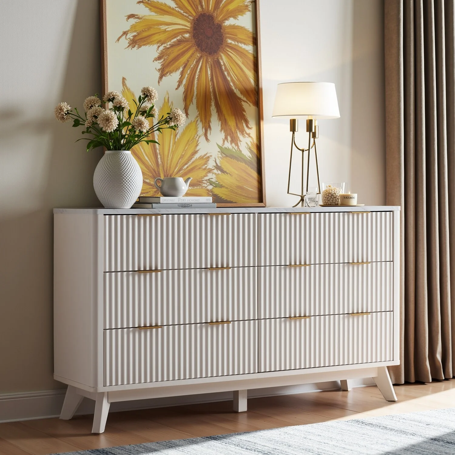 Modern Fluted 6 Drawers Dresser, Chest of Drawers, Dresser TV Stand
