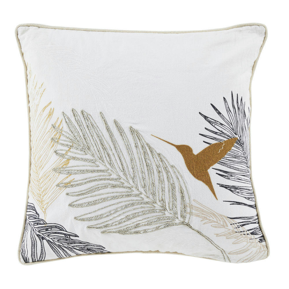MARLOW - Coussin en coton beige, noir et caramel imprimé et brodé motif oiseau 45x45