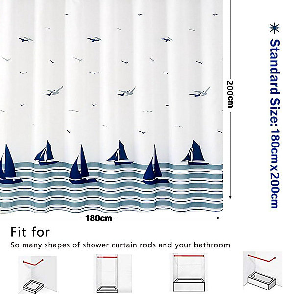 BASHLWUA 180x200 Rideau de Douche Anti Moisissure, Imperméable Lavable, Océan Rideaux Douche Tissu Polyester pour Baignoire Cabine