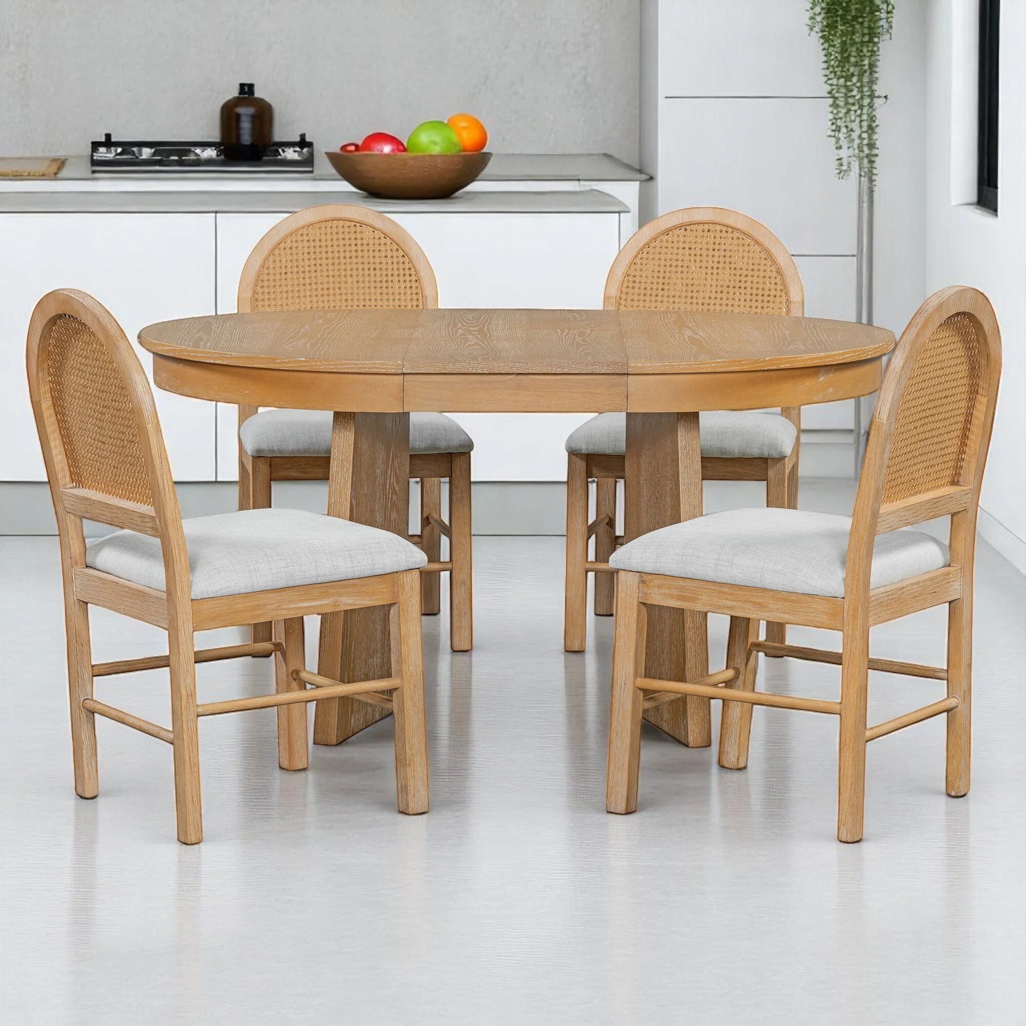 5-Piece Retro Extendable Dining Table Set for 4 with Upholstered Chairs and Rattan Backrests, Kitchen Table Set for Dining Room