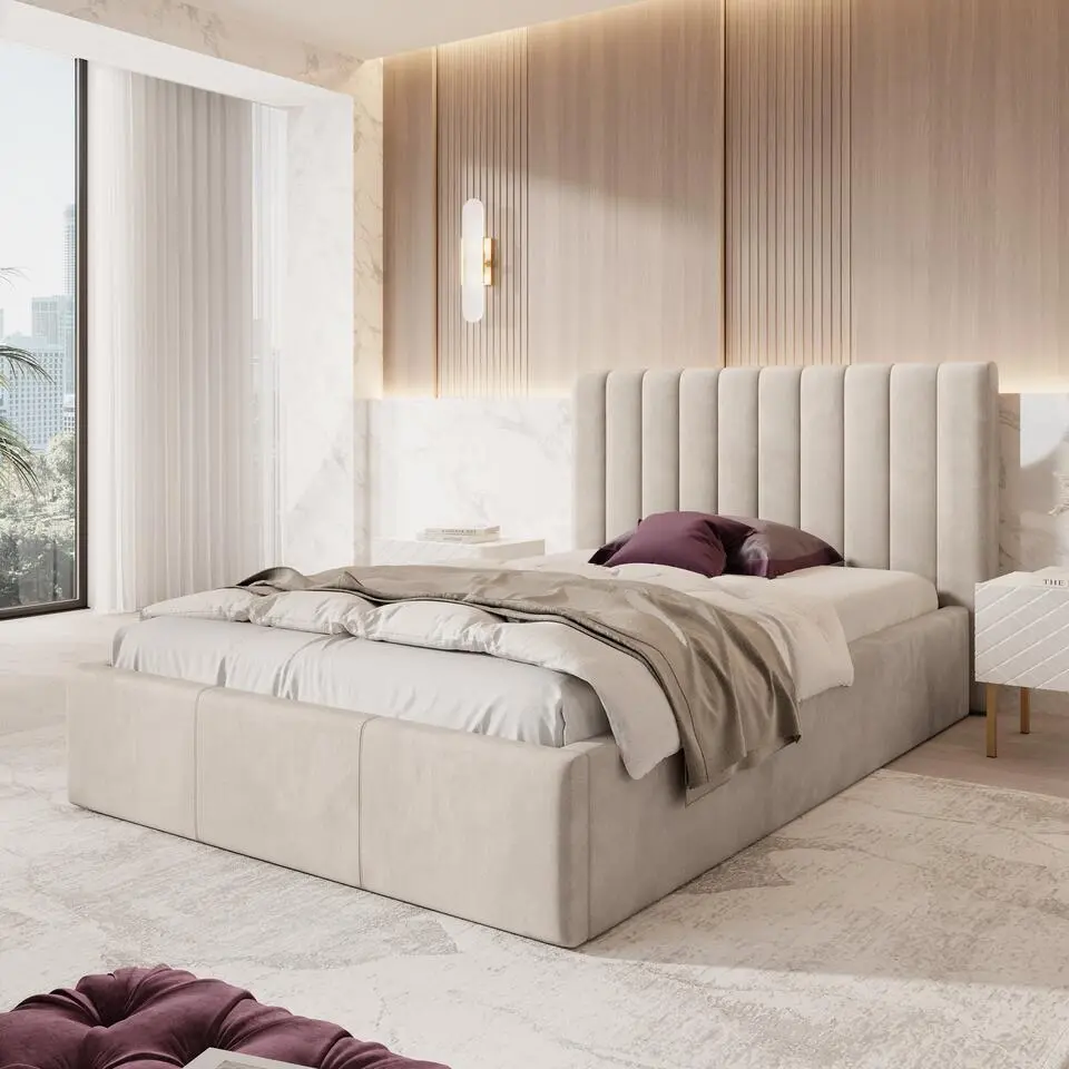 Meubella - Tweepersoonsbed Chief - Beige - Velvet - 140x200 cm