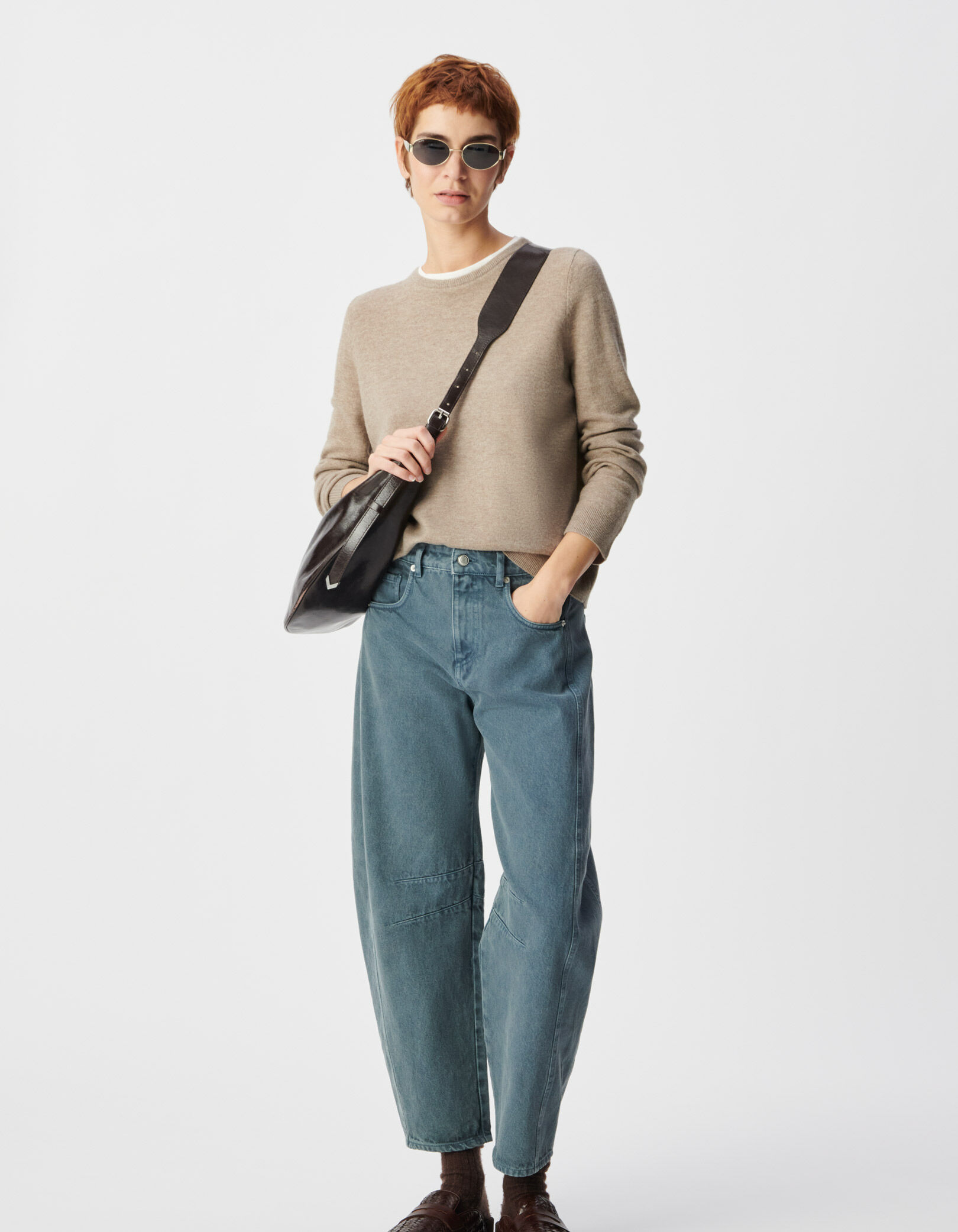 Pull laine beige tricot col trompe-l'oeil Femme