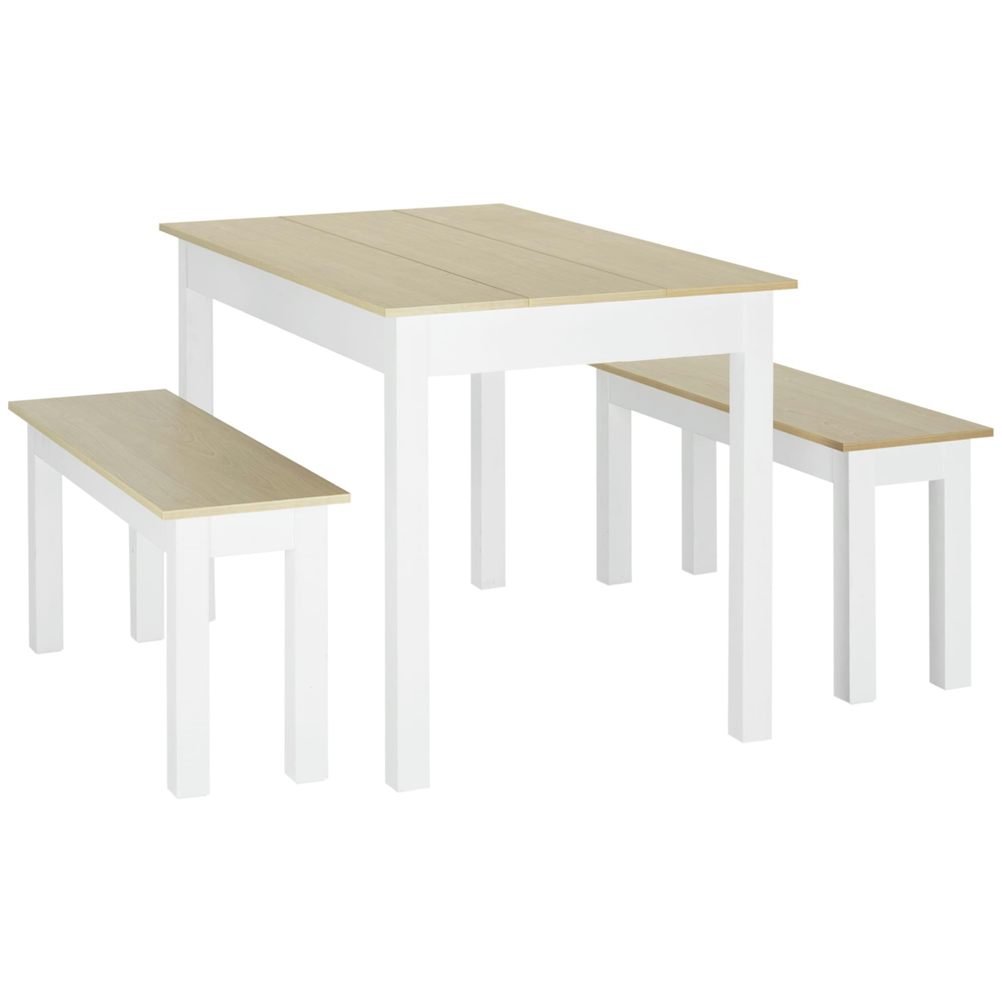 - Ensemble table à manger 3 pièces avec 2 bancs blanc aspect bois clair