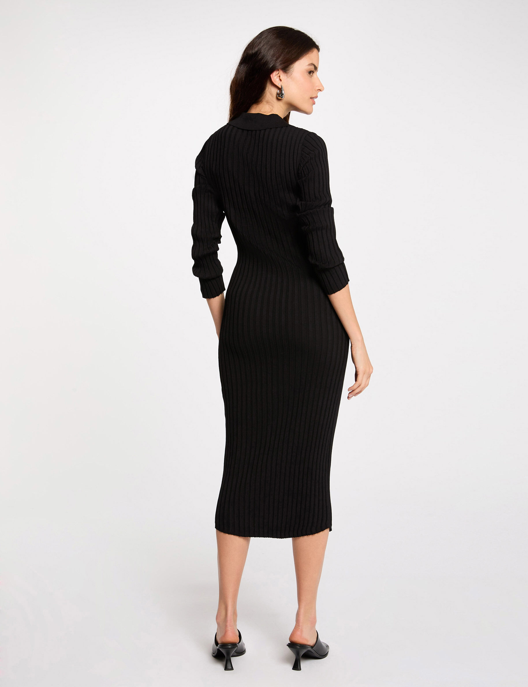 Fitted Ribbed Knitted Dress Black Women